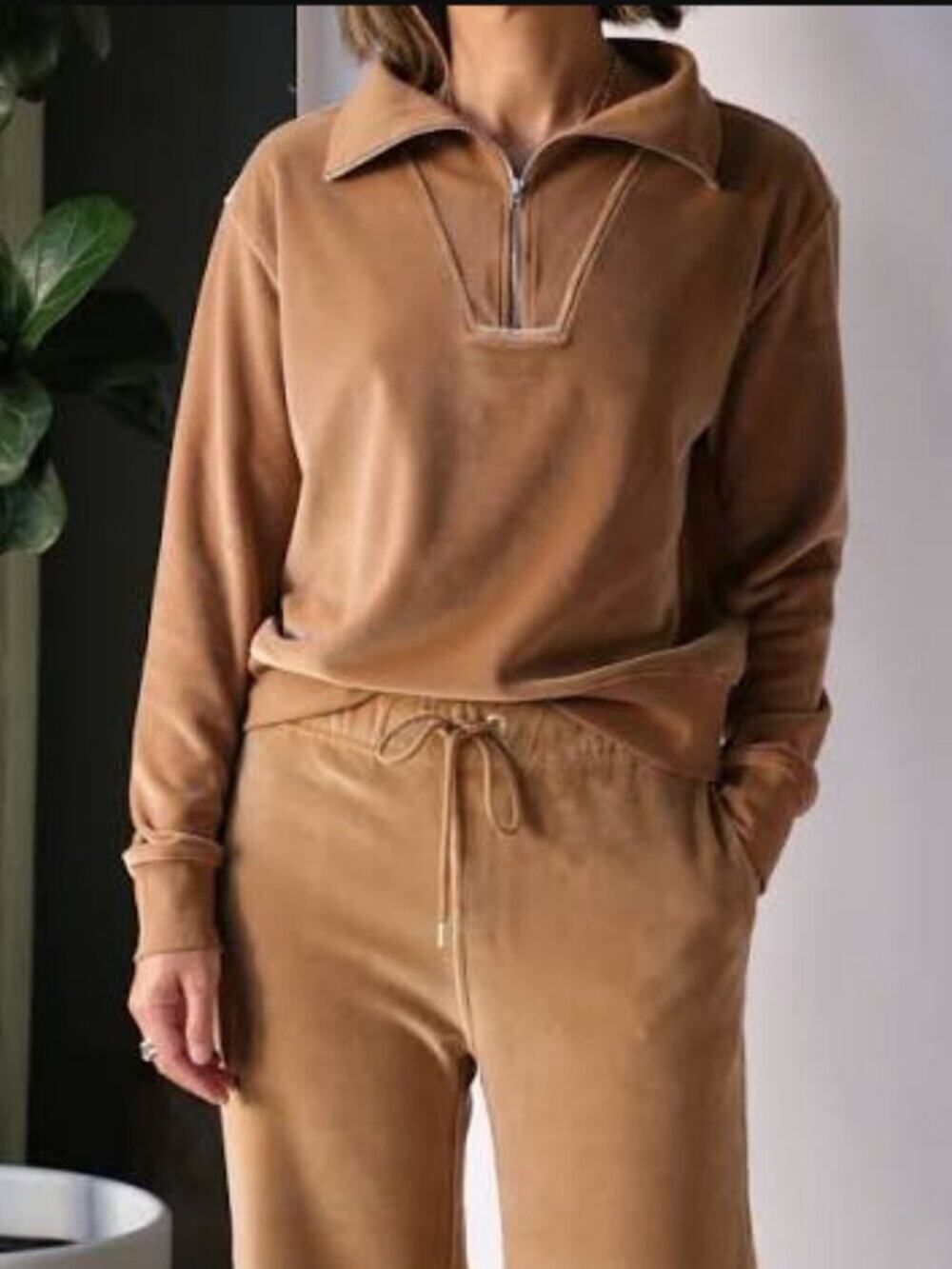Nili Lotan Bentley Velour Velvet Quarter Zip Sweater Small Caramel